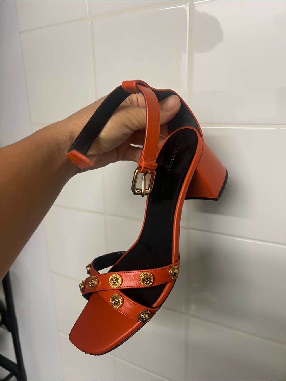 Versace Orange Leather Block Heel Sandal with Gold Medallion Details